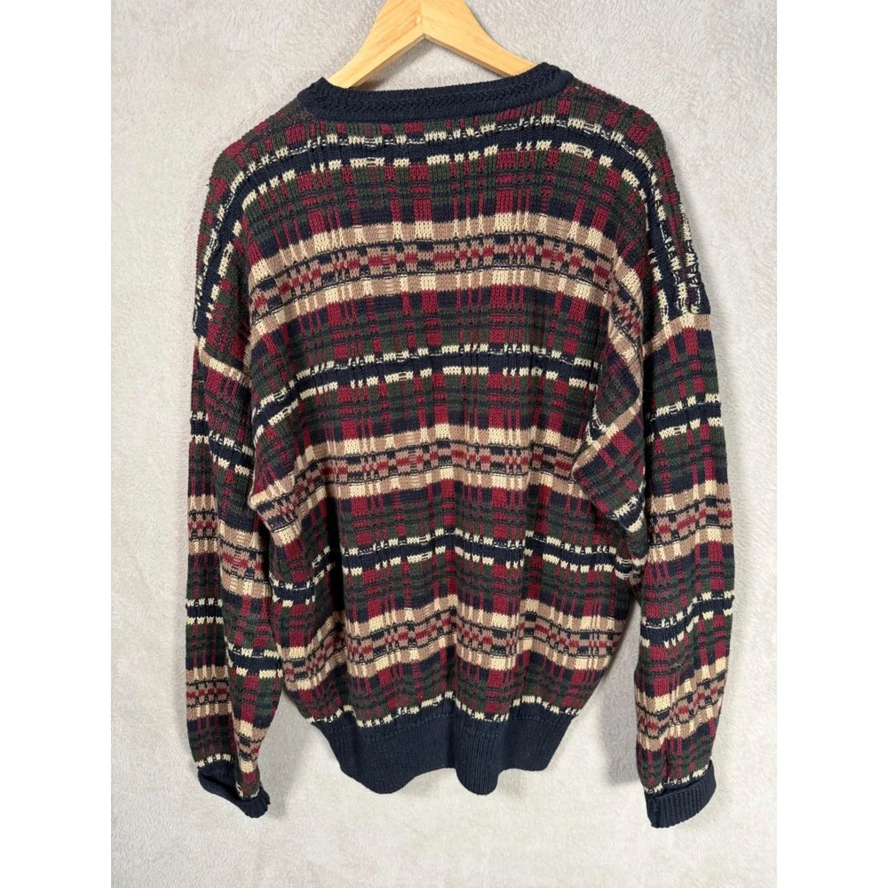 VTG Stone Haven Mens XL Plaid Crewneck Sweater Navy Green Red Ramie Cotton